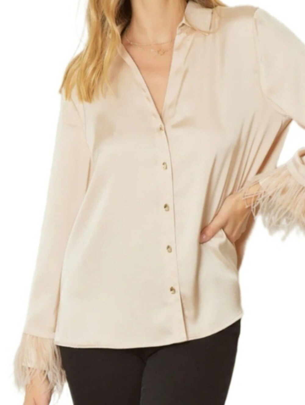Entro Champagne Satin Feather Cuff Blouse size Small
